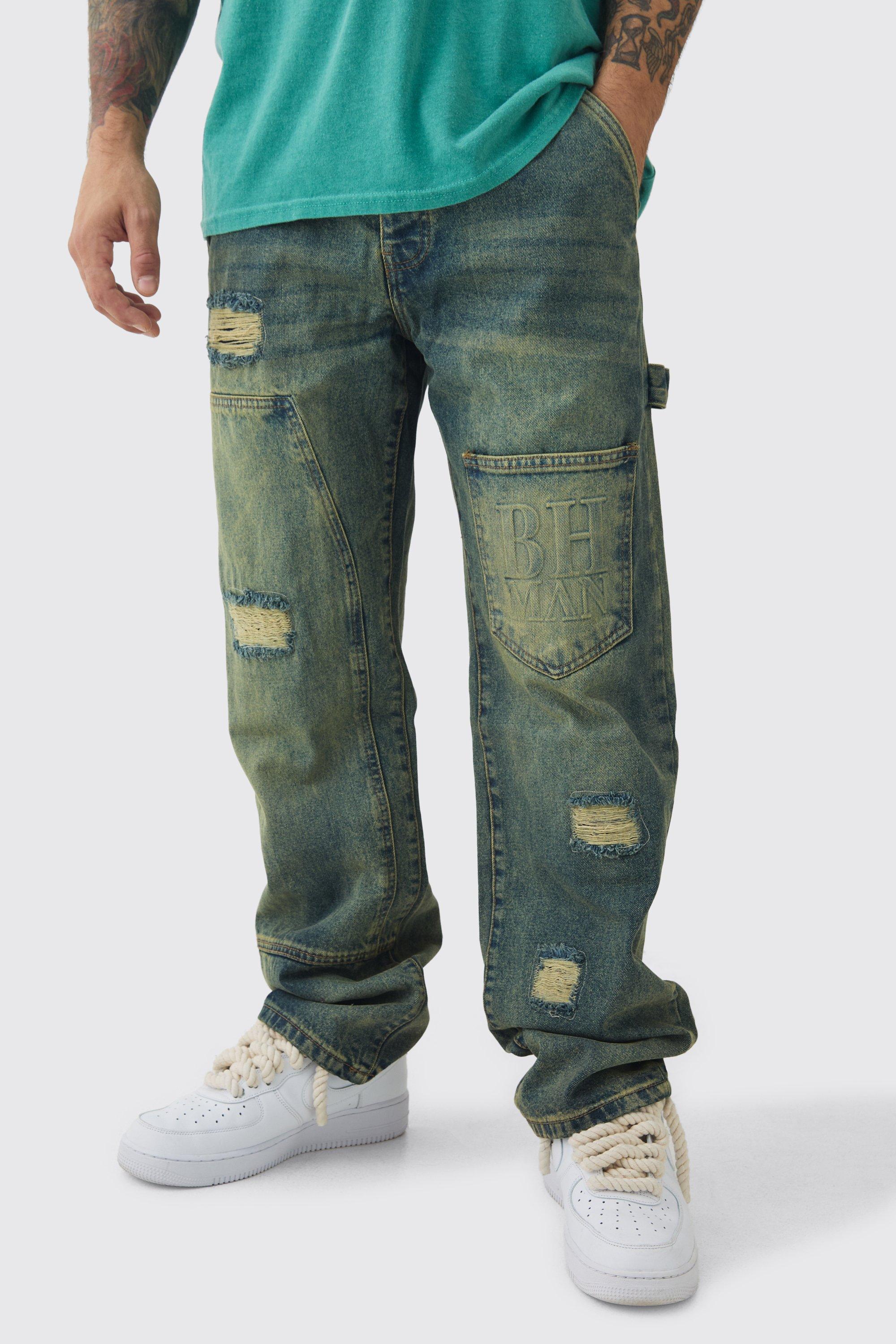 Mens Relaxed Rigid Carpenter Man Embossed Jeans In Antique Blue, Blue